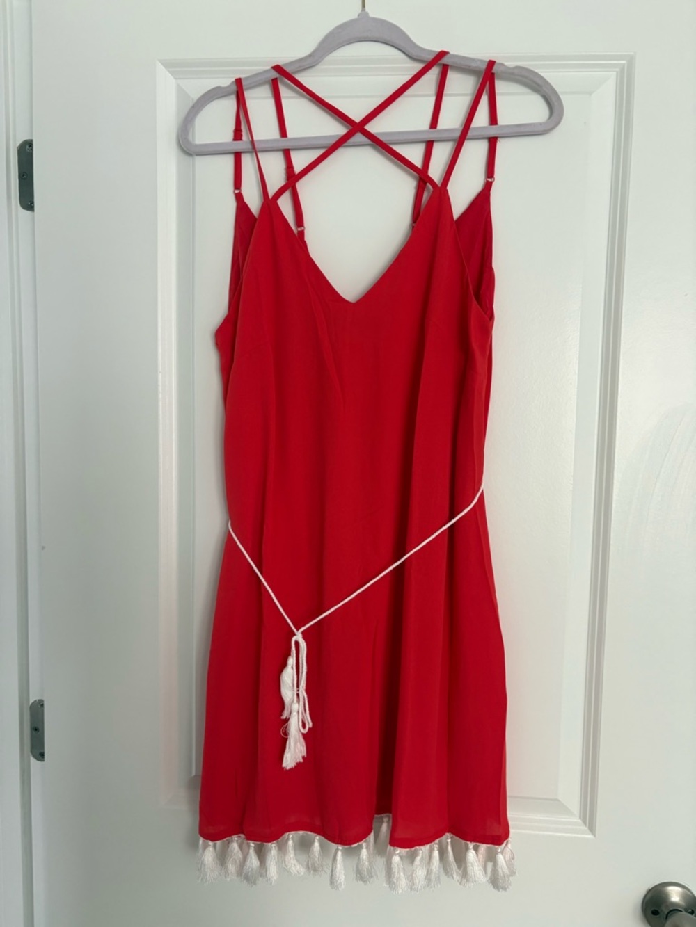 Red Mini Dress with Strappy Back and Tassel Trim